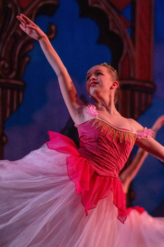 Eight of the members of the flower corps who dance the Waltz of the Flowers are part of the group of youth dancers who received roles in The Nutcracker. Each dancer in the flower corps was dressed in pink and complimented the main flowers and Dew Drop. 