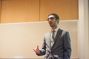 Anthony Greco speaks at the Student Association meeting on Monday, where he was denied public relations position. Members were concerned about the appointment because Greco is a member of the same fraternity as Vice President Duane Ford.