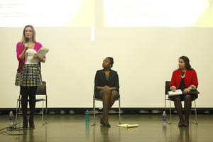 (FROM LEFT) Simone Goldslager, Nia Boles and Daniela Lopez, vice presidential candidates for the Student Association, discuss diversity and their platforms during a debate on Sunday night.