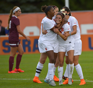 Syracuse celebrates after scoring its second goal, a strike by Alexis Koval to give the Orange a 2-0 lead it wouldn't relinquish.