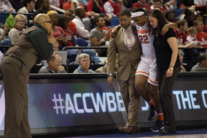 Syracuse forward hobbles off the court with 5:08 remaining in the fourth quarter against N.C. State on Friday night. Her status is uncertain heading into Saturday's game against Louisville.