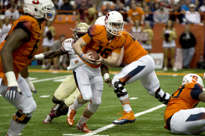 Zack Mahoney didn't have much time to throw against Florida State, getting sacked eight times on the day. 