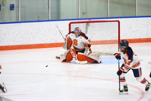 Goalie Allison Small was pulled in favor of Arielle DeSmet after the first period against St. Lawrence. 