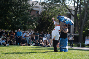 Tom Porter, a Mohawk Chief, addresses the crowd at the Haudenosaunee Welcome Gathering Monday afternoon.