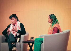 Meital Yaniv (left), a former Israeli soldier and former Zionist, shared their experiences with identity and Palestinian solidarity. The discussion centered around Yaniv’s “letting go” of their former Israeli soldier identity and took an in-depth look at Zionism and Israeli identity amid the Israel-Hamas war.