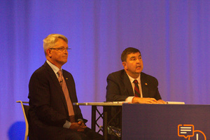 Brandon Williams (left) and John Mannion (right) field questions during the first of four scheduled New York 22nd congressional district election debates. The candidates discussed border security, abortion and local poverty, among other policy issues.
