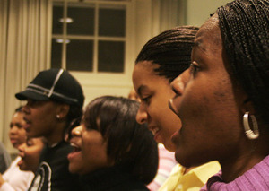 (From left to right) Rachael Salter, sophomore EEE, Jacquelynn Griffith, sophomore hospitality managment, Courtneye Mills, freshman communication science and disorders, and Milissa Carter, junior psychology major sang during thier Black Celestial Choral Ensemble practice Wednesday in Hendricks Chapel.