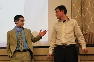 (From left to right) Stephen DeSalvo and Dylan Lustig prepare to take their oaths of office in front of the general assembly during the first Student Association meeting of the 56th session.