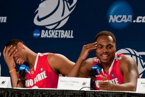 Jared Sullinger (left) and Deshaun Thomas (right) share a laugh at Ohio State's press conference on Friday. Thomas leads all scorers in the NCAA Tournament with 75 points.