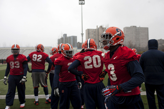 Syracuse safety Durell Eskridge (3) walks along the sideline at Columbia University's Baker Athletics Complex on Thursday.