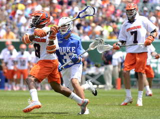 Hakeem Lecky shoots with a Duke defender bearing down on him.