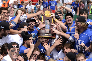 Duke celebrates with the national championship trophy.