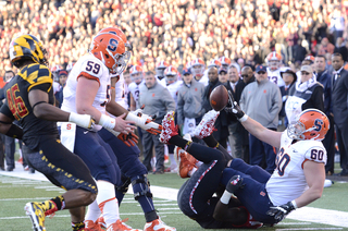 Sean Hickey caught a pass that he lateraled to Rob Trudo, who came up just short of the end zone. 