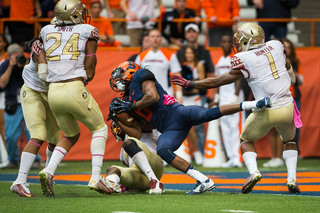 Ishmael barrels into the end zone for his second touchdown of the game. He caught the ball with room to run in Florida State territory and took it to the house. 