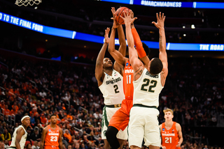 Arguably the two most talented players on the court, MSU sophomore Miles Bridges (22) and SU freshman Oshae Brissett (11), matched up in several one-on-one situations.