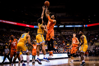 Brissett lofts a jump-hook inside with his right hand for two points. He was crafty in the paint area, a focal point for SU this weekend.